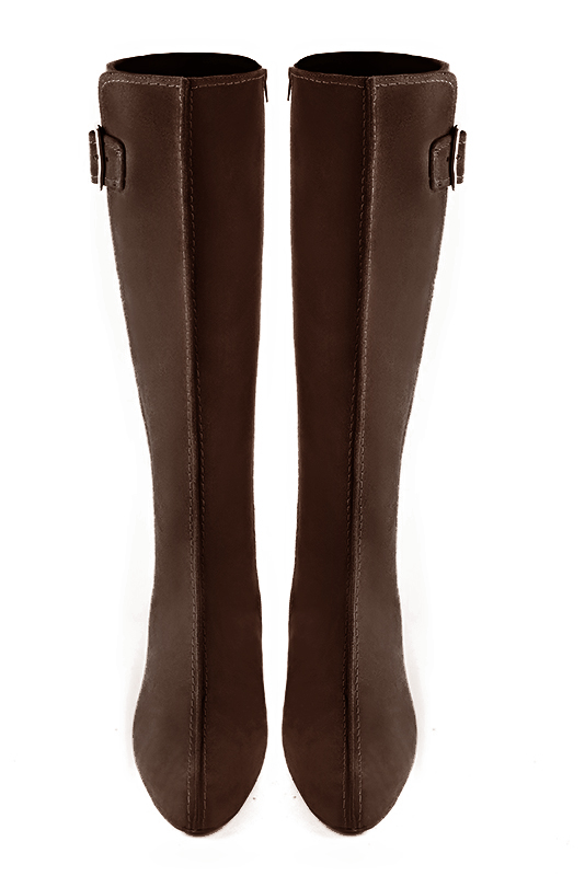 Dark brown women's knee-high boots with buckles. Round toe. Low flare heels. Made to measure. Top view - Florence KOOIJMAN